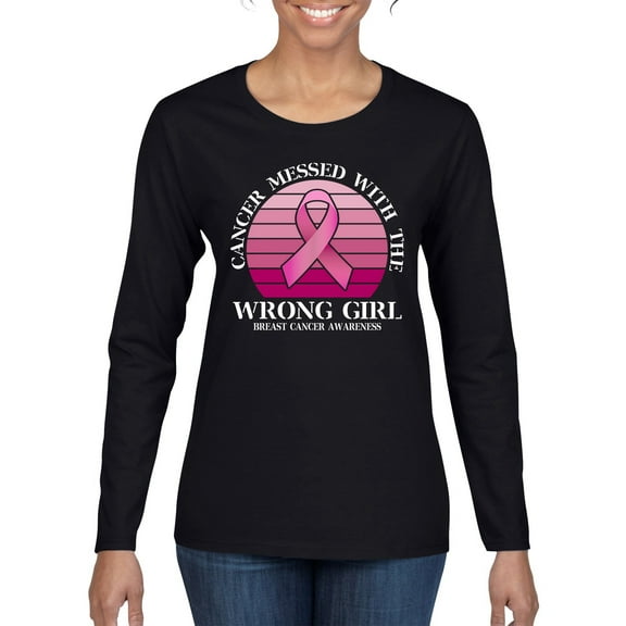Wild Bobby Cancer Messed With the Wrong Girl Breast Cancer Awareness Women Graphic Long Sleeve Tee, Black, Small