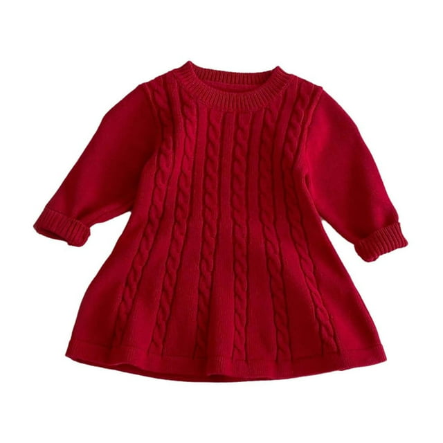 Zwiiyzr 2025 Robe Tricotée pour Bébé Fille Robe Chandail à Manches Longues Tout-Petit Couleur Unie Tenues d'Automne Hiver 6M-6Y Rouge Melon D\'eau