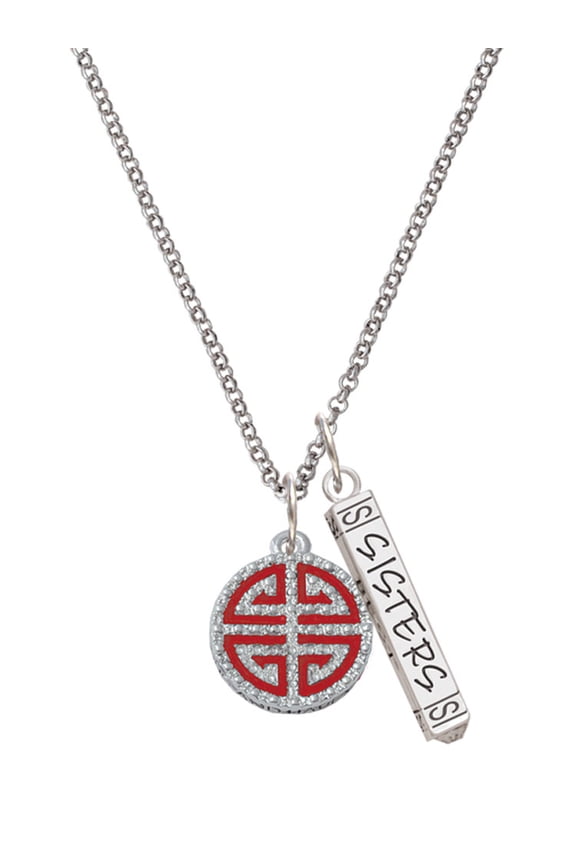 Silvertone Red Chinese Blessing Silvertone Sisters Best Friends Forever Bar Charm Necklace, 23"