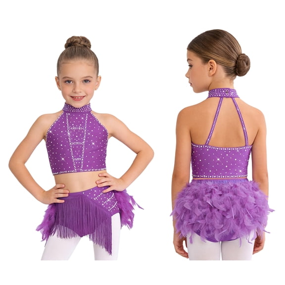 TiaoBug Kids Girls Dance Outfit 2-Piece Rhinestones Crop Top and Feather Tassel Skirt Latin Jazz Dancewear Purple 16