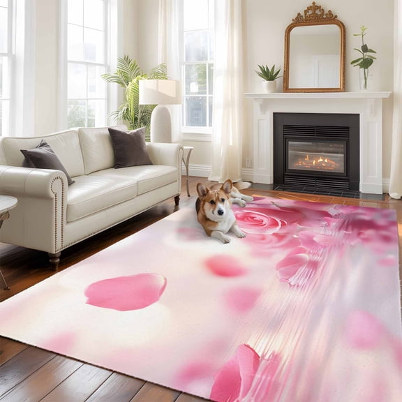 5'x8' Area Rugs, Pink Rose Fantasy Indoor Outdoor Area Rug for Living Room Bedroom, Elegance Floral Romantic Reflection Washable Bathroom Rugs Kitchen Floor Carpet Mats Home Decor Aesthetic