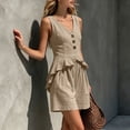 thumbnail image 6 of Outfits Linen Vest Waistcoat Dressy Casual Sets Women's Stripe Solid Casual Sleeveless Ruffle Vests Tops And Wide-Leg Pants With Pockets Suit Set Khaki L, 6 of 7