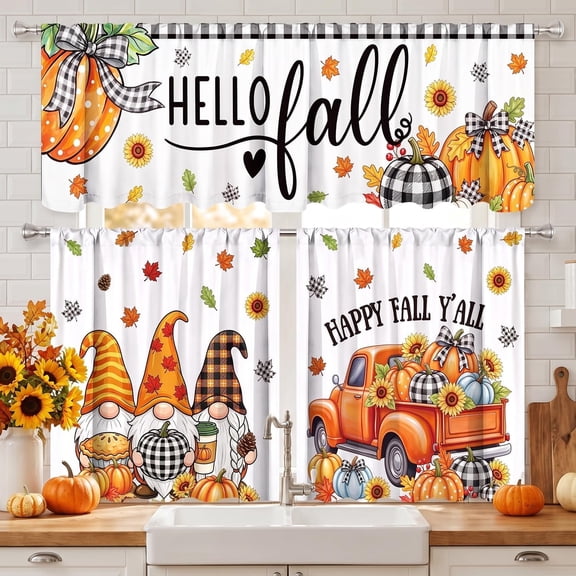 Fall Harvest Gnome Pumpkin Thanksgiving Kitchen Curtain Set, 52 x 18 inches and 27.5 x 39 inches, 3 Piece, for Kitchen and Living Room
