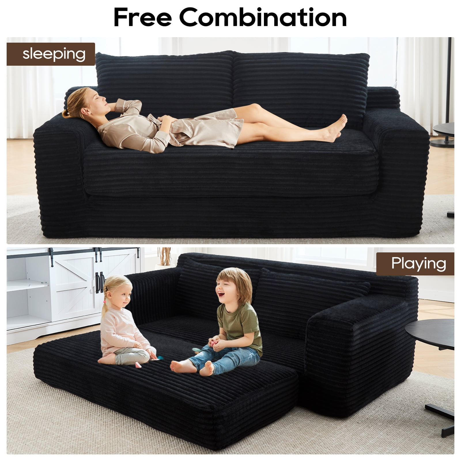 GNIXUU 70.8" Loveseat Sofa Bed Boneless Couch ,Corduroy Cloud 2 in 1 Convertible Sleeper Sofas with Fixed-Shape Frame, Comfy Deep Seat Folding Couches for Living Room, Apartment,Office,Black