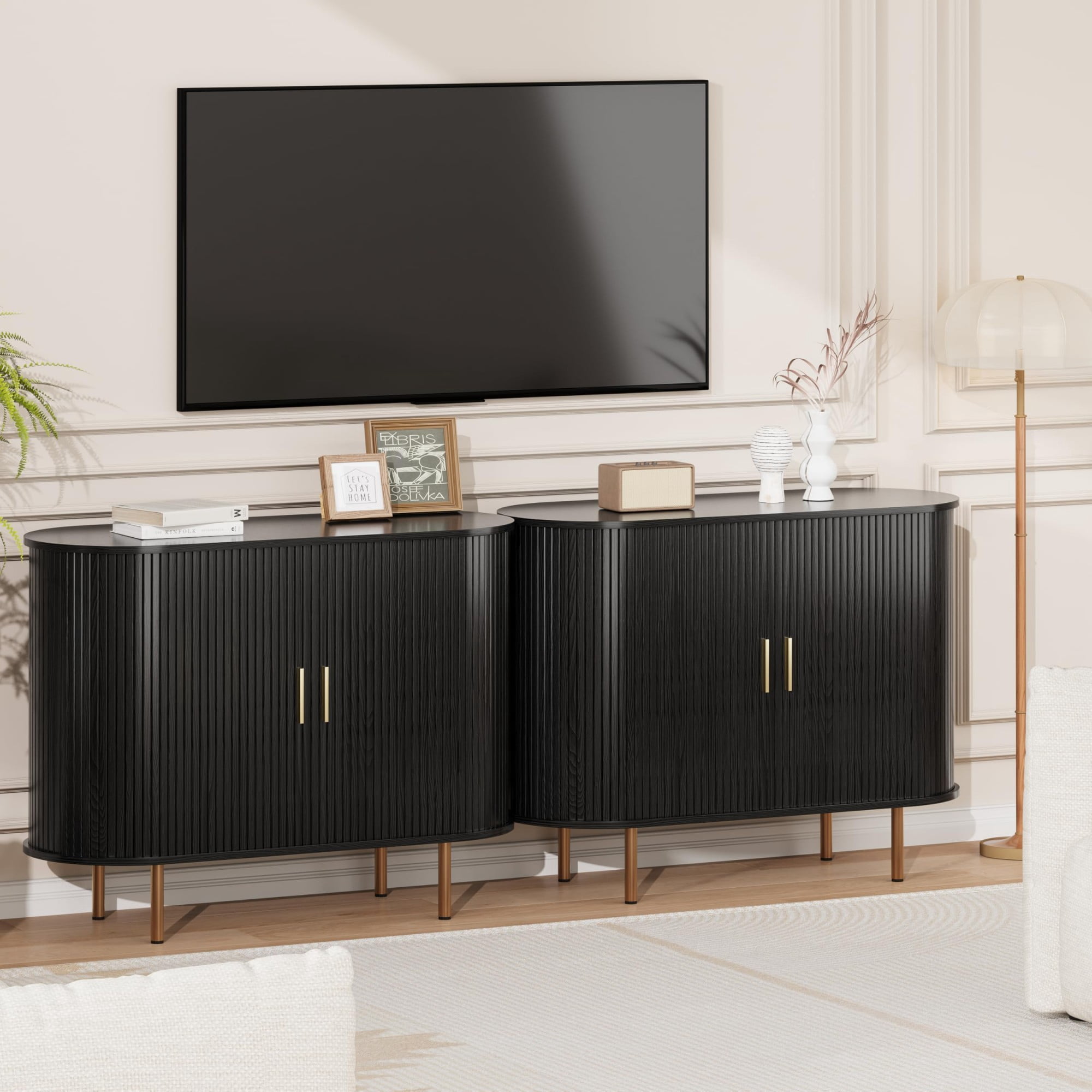 Mid Century Modern Sideboard Buffet Cabinet, 39 Inch Fluted Coffee Bar Console with Tambour Sliding Doors, Black