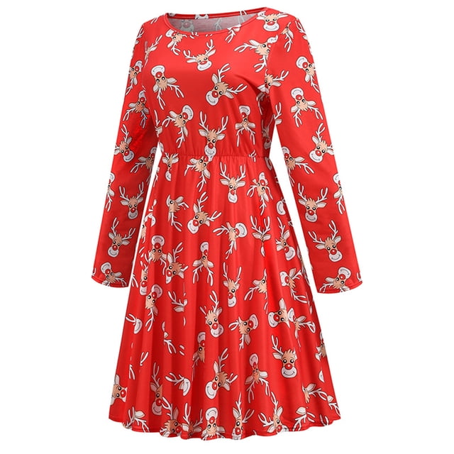 Vestido Retro Vestido Estampado Navideño Vestido Acampanado Mujer Vestido Informal Estampado Navideño O-Cuello Vestido Acampanado de Manga Larga Odeerbi ODB115000