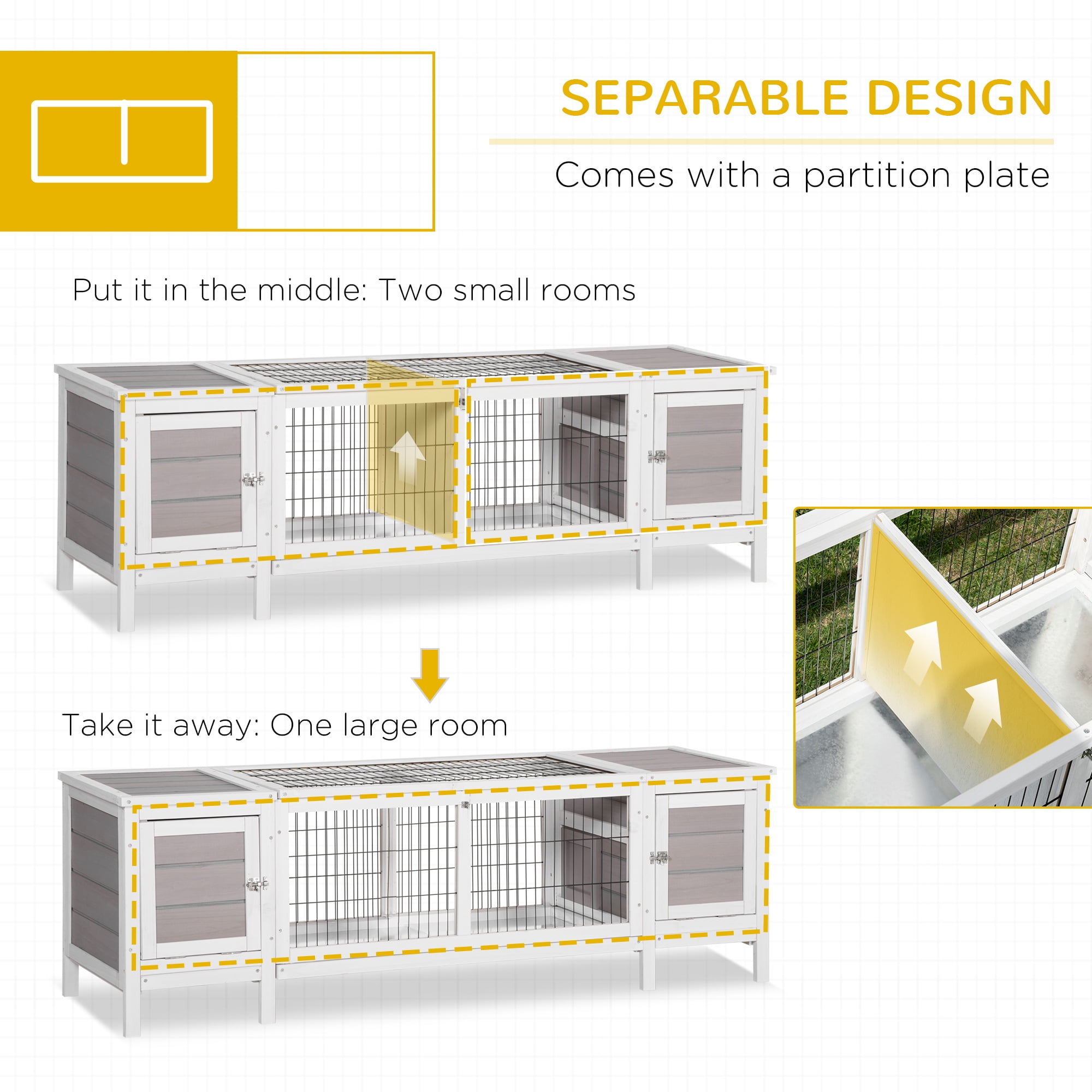PawHut Rabbit Hutch, Bunny Cage, Guinea Pig House with Pull-Out Tray and Divided Board for Indoor, White