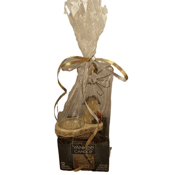 Yankee Candle Holiday Hand-Carved Birch Angel Tea Light Holder Gift Set with 12 Singing Carols Tea Lights