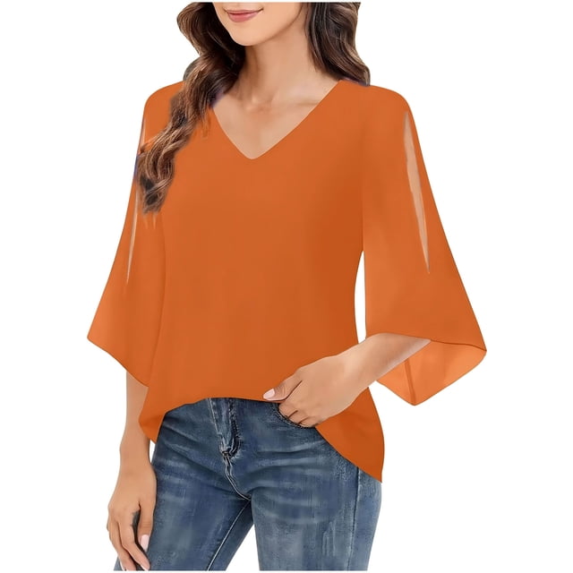 Savings Clearance Womens Ruffle 3/4 Sleeve V Neck Double Layers Chiffon Blouses Dressy Tops