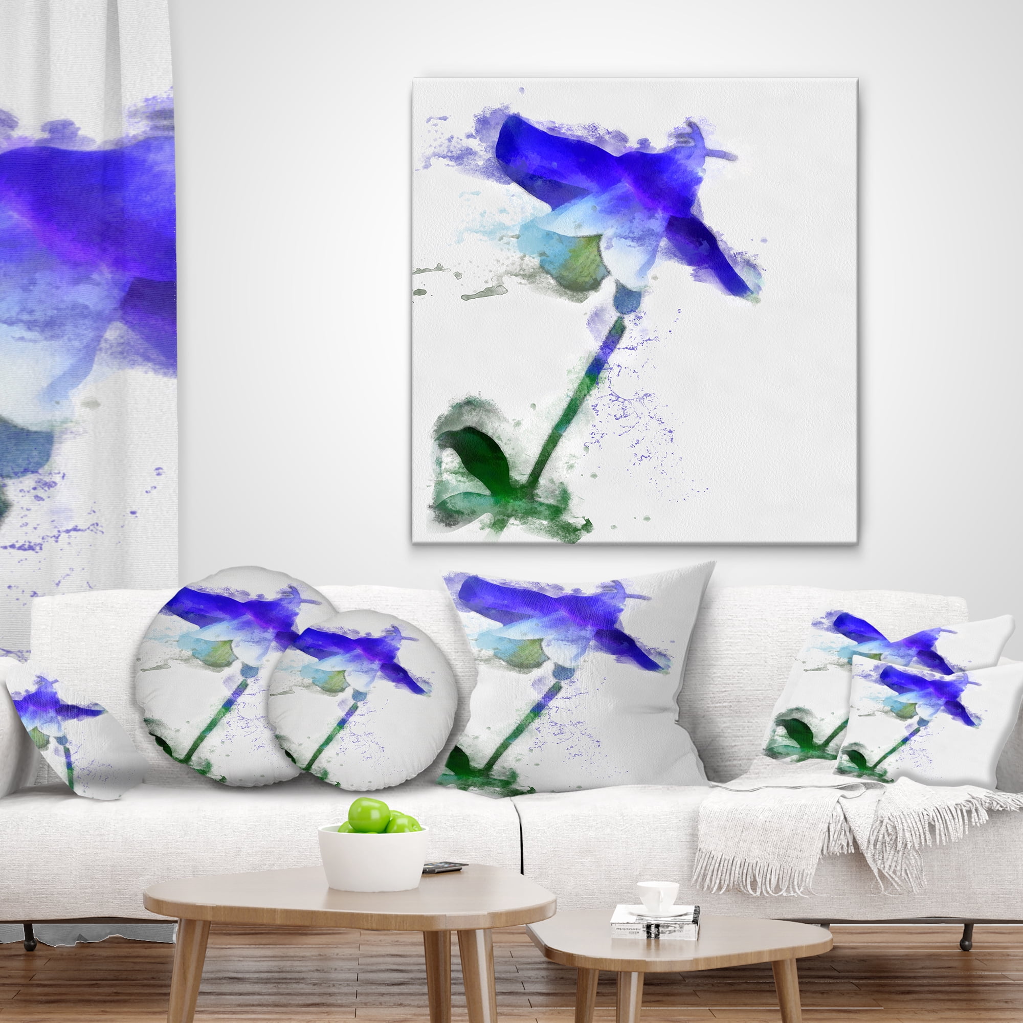 Designart Blue Bellflower Sketch Watercolor - Floral Throw Pillow - 12x20