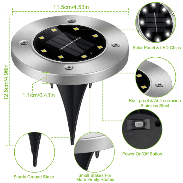 4 Pack Outdoor Solar In‑Ground Pathway Lights, IP65 ABS & Stainless Steel Ground Lamp with Light Sensor, Ground Stakes for Lawn, Sidewalk and Yard Decoration
