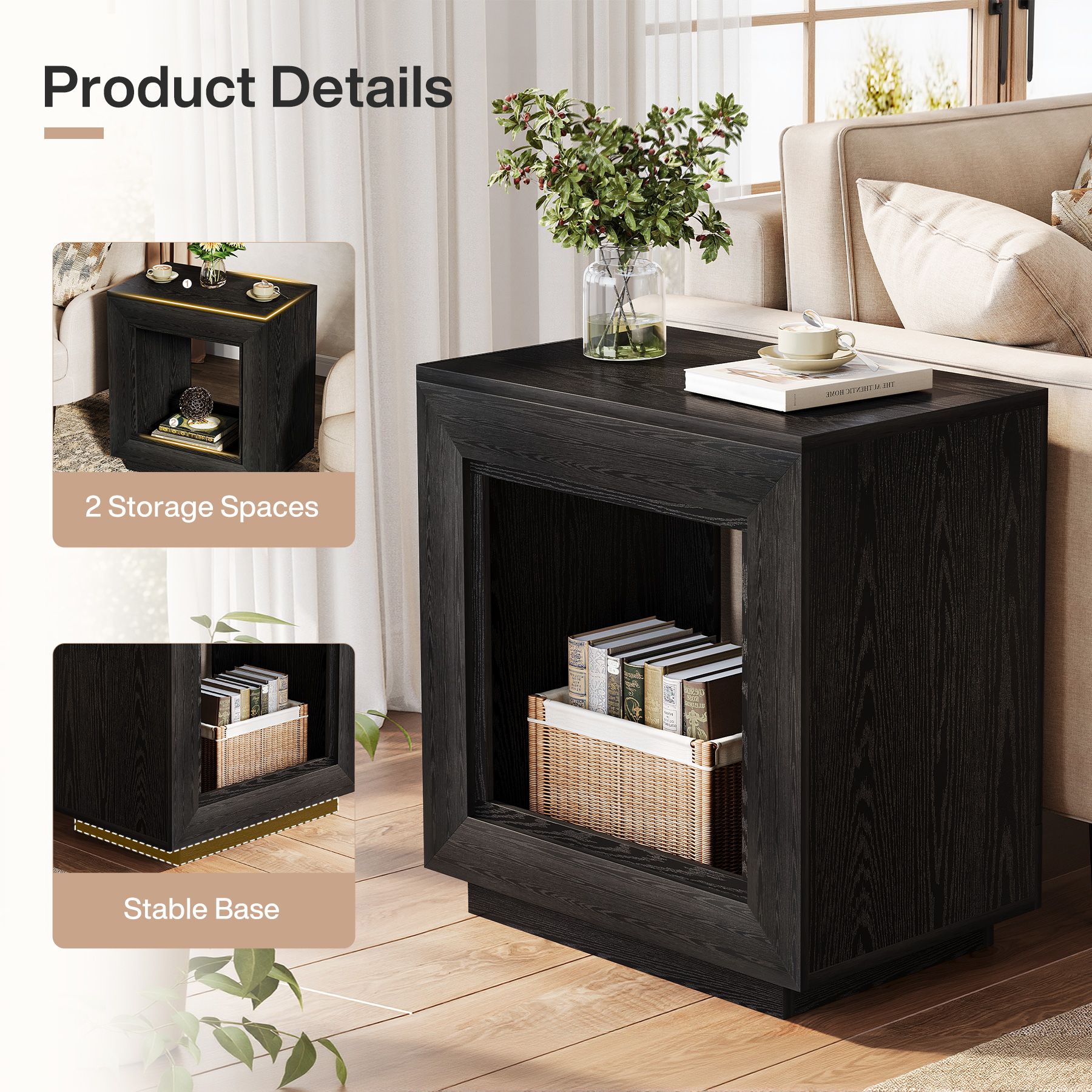Fnova End Table Farmhouse Square Side Table with Storage, Wooden Sofa Table with Central Hollow Design, Modern Bedside Table, Easy Assembly, for Living Room, Bedroom, Nightstand, Black