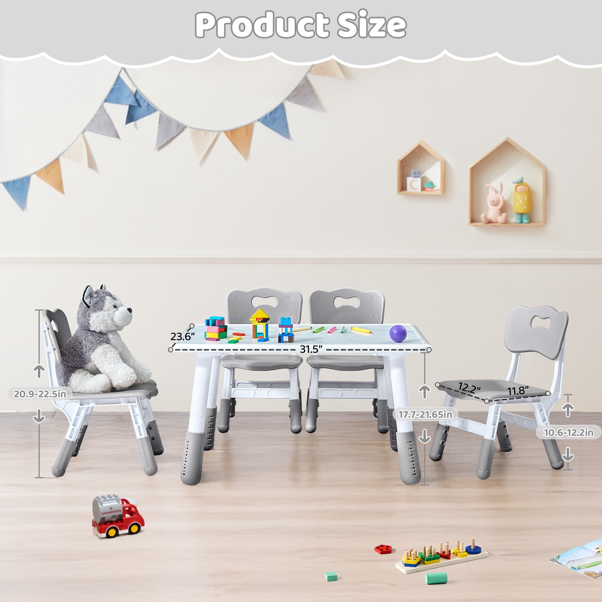 Toddler Table and 4 Chairs Set, Height Adjustable Kids Table and Chair Set, 31.5''L x 23.6''W, Marble Pattern & Graffiti Desktop, Children Multi-Activity Table for Home/Daycare/Classroom