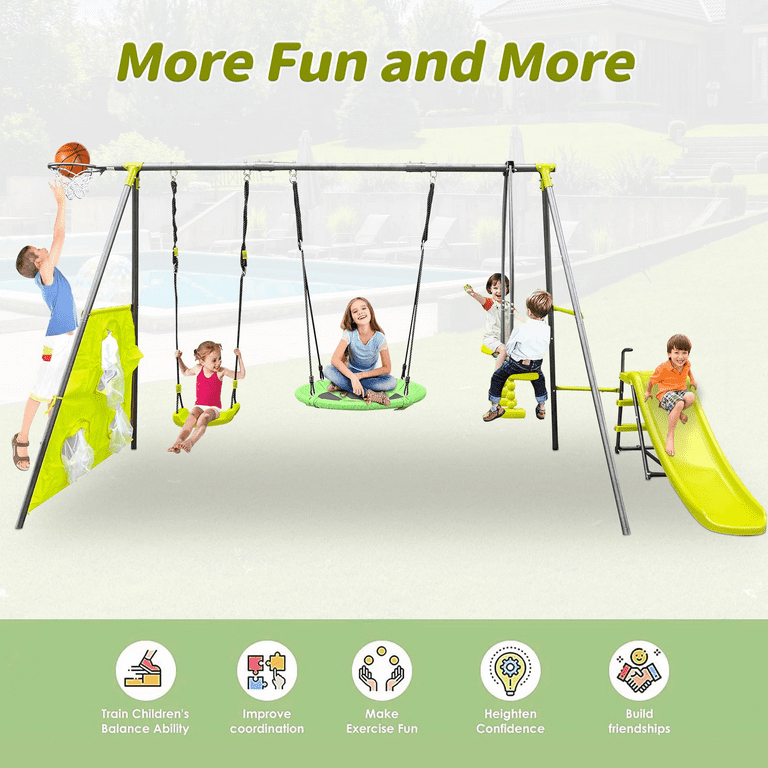 Sesslife Metal Swing Set for Outside, in Swing Set with Slide