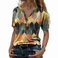 thumbnail image 5 of Camiseta con estampado de rombos coloridos para mujer, Tops sueltos informales coreanos, cuello en V, retales de doble botón, 5XL, 5 of 5
