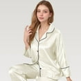 thumbnail image 7 of Women's Satin Pajama Set with Button-Up Long Sleeve Top and Wide Leg Pants with Contrast Trim - Medium, White, 7 of 7