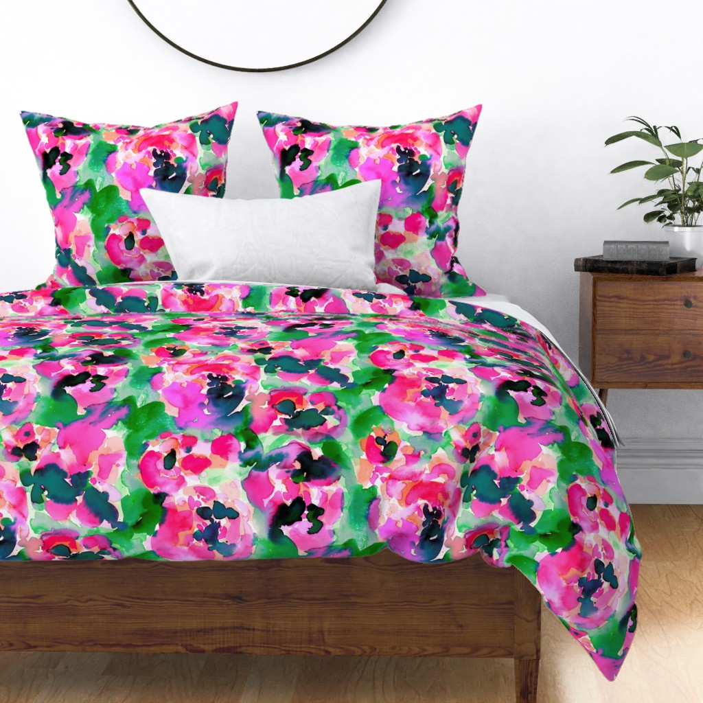 Watercolor Pink And Green Floral Coral Abstract Sateen Duvet Cover by