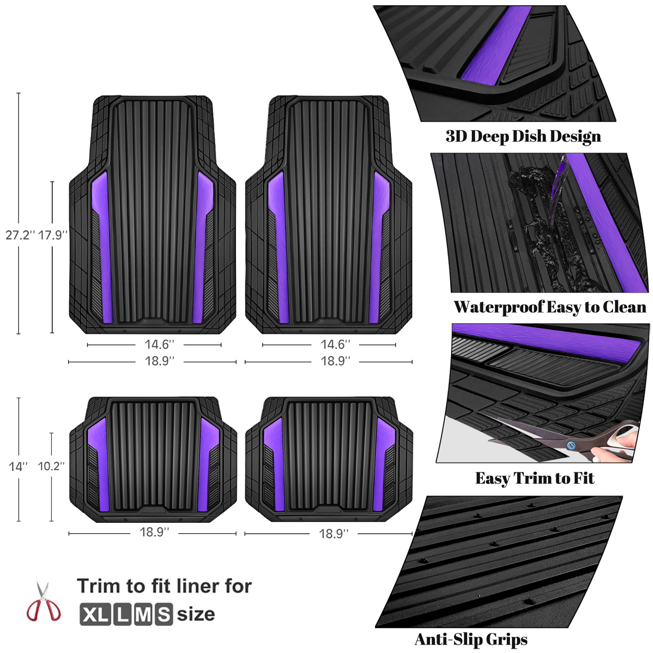 Auto Drive 4-Piece Black & Purple Heavy Duty Rubber Car Floor Mats, All Weather Universal Trim-to Fit for Car, SUV and Truck Mats