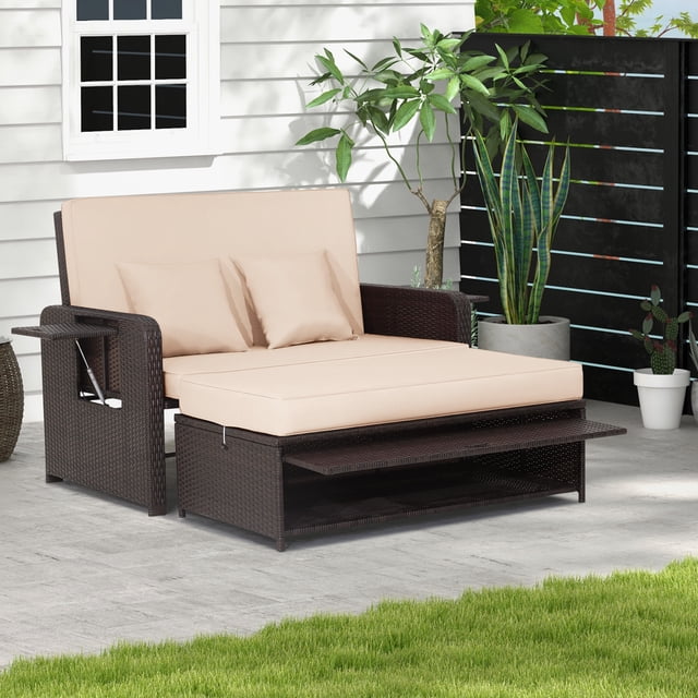 Costway Patio Rattan Daybed Lounge Retractable Top Canopy Side Tables Cushions Beige