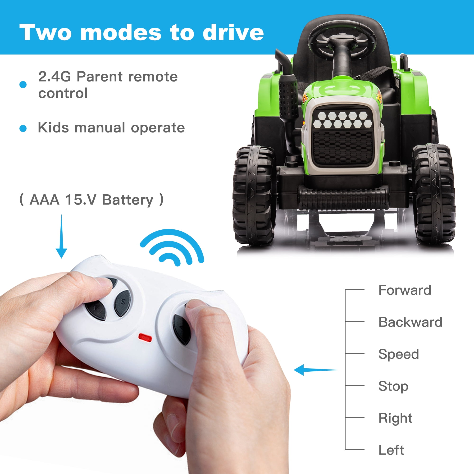 CIPACHO 12v Battery-Powered Kids Toy Tractor with Trailer and 3-Gear-Shift Ground Loader Ride On with USB&Bluetooth Audio Functions, Green CIPACHO 12v Battery-Powered Kids Toy Tractor with Trailer and 3-Gear-Shift Ground Loader Ride On with USB&Bluetooth Audio Functions, Green