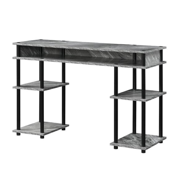 Pemberly Row No-Tools Student Desk with Shelves in Gray Faux Marble Wood Finish