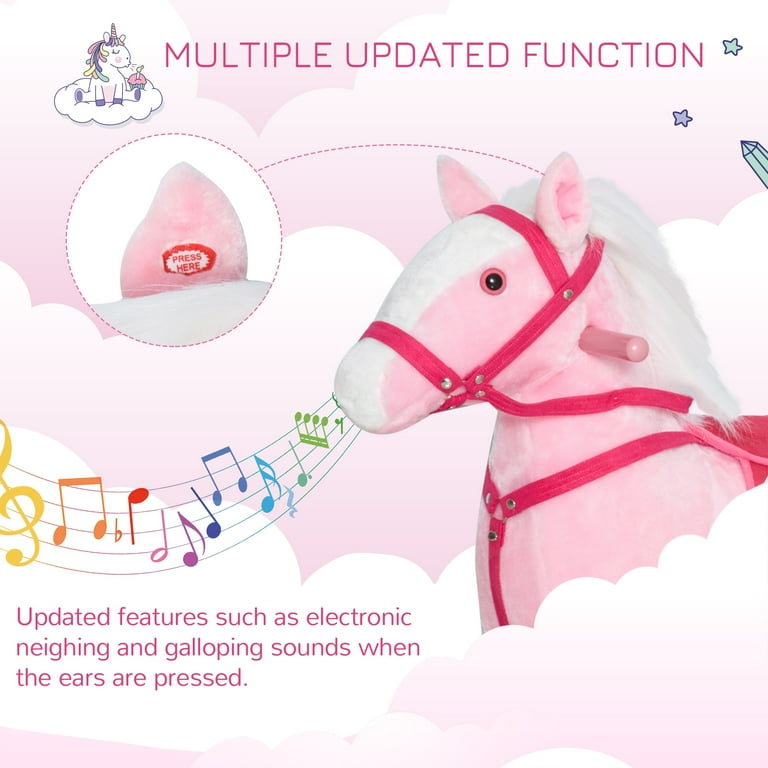 Toddler Rocking Horse, Pink White Soft Seat Wooden Polyester Frame,  Realistic Neighing/Galloping Sounds , 110lbs Capacity for 36+ Months