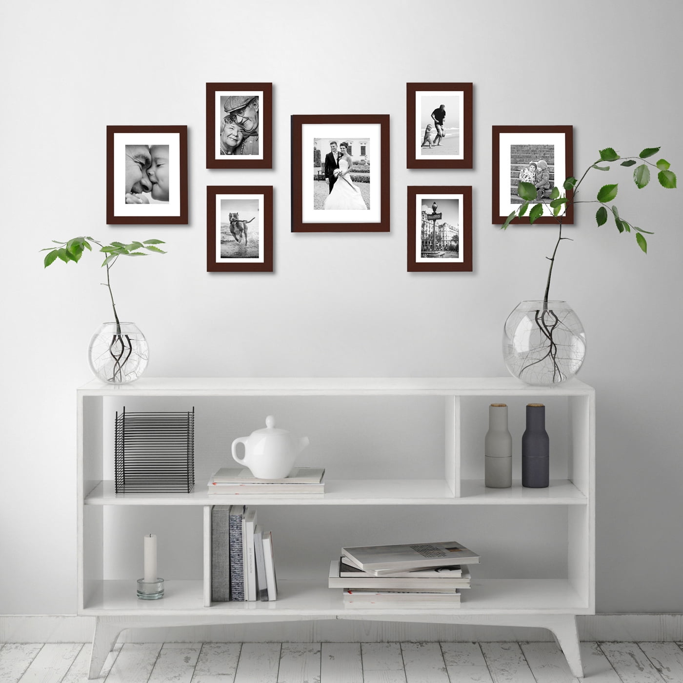 Americanflat 7 Piece Mahogany Gallery Wall Picture Frame Set with Mats in 11x14, 8x10, and 5x7 - Composite Wood with Shatter Resistant Glass - Horizontal and Vertical Formats for Wall and Tabletop