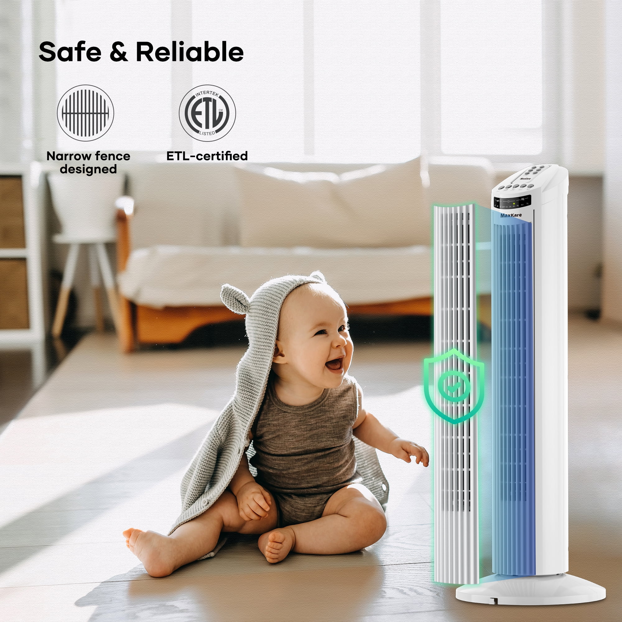 MaxKare 30" Tower Fan with Remote, 3 Speeds and Modes, Oscillating, Timer, White