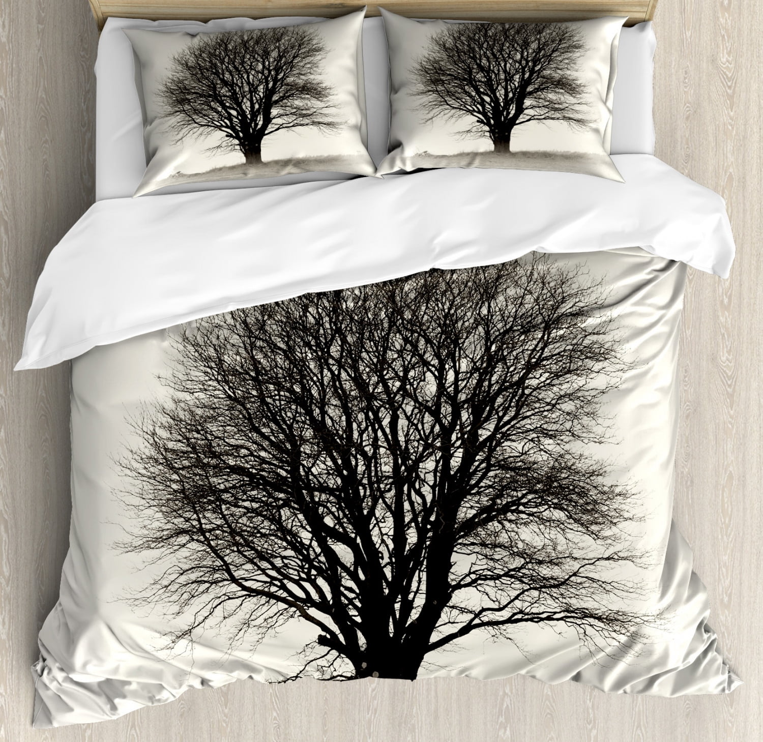 Black and White Duvet Cover Set, Lonely Tree in Field with Many Leafless Branches Countryside