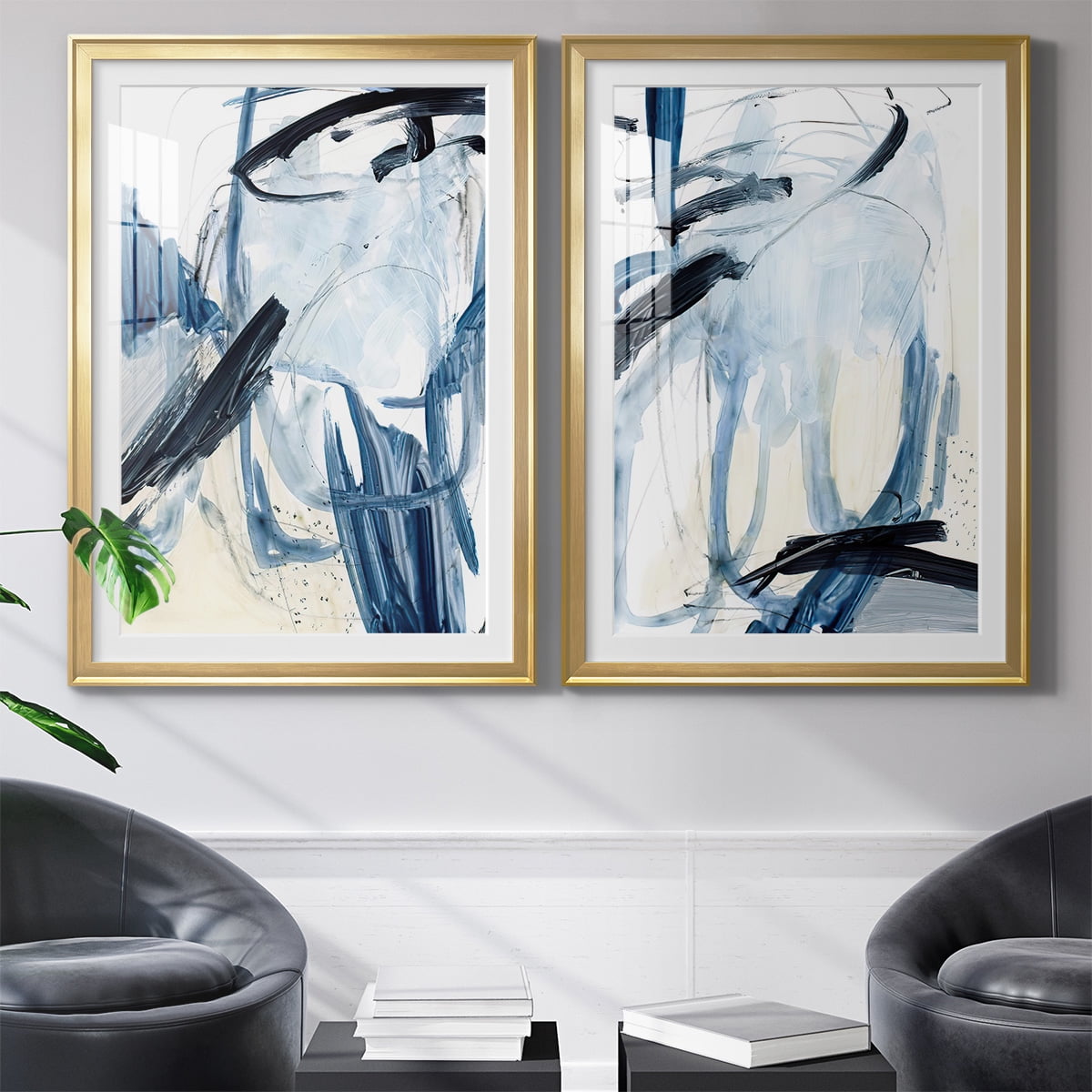 Wexford Home Indigo Swash I Premium Framed Print, 30.5" x 42.5" - Ready to Hang, Gold (Set of 2)