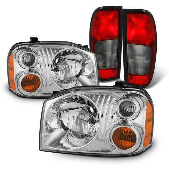 AKKON - [2 Sets]Fit 2001-2004 Nissan Frontier OE Style Premium Chrome Headlights   Tail Lights Red Len Housing Assemblies