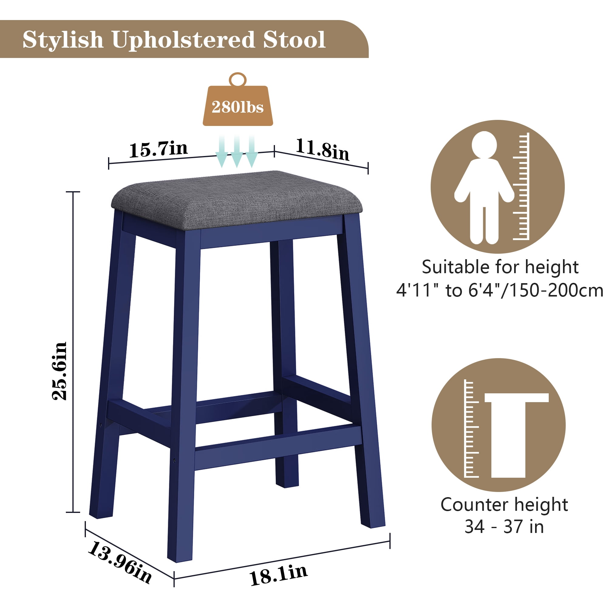 HLR 24.8" Bar Stools, Farmhouse Set of 2 Bar Chairs with Cushion for Kitchen, Dining Room, Cafe Blue
