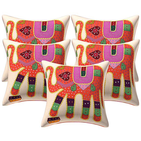 Stylo Culture Ethnic Sofa Throw Pillow Covers 16 x 16 Applique Patchwork Orange Bohemian 40cm x 40cm Bed Room Cotton Elephant Square Cushion Covers | Set Of 5