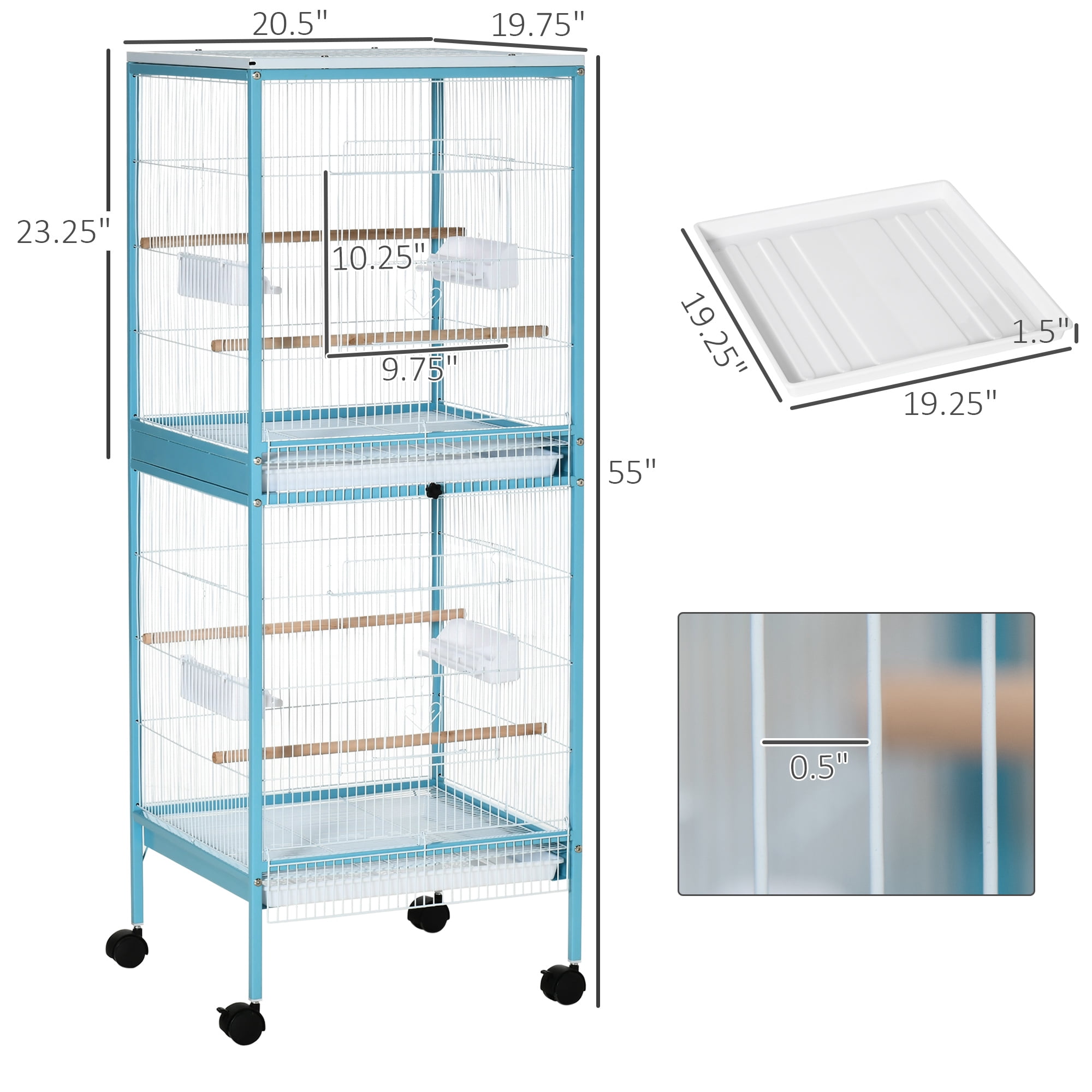 Large Bird Cage with 1.7 ft. Width for Wingspan, Bird Aviary Indoor with Multi-Door Design, Fit for a Canary, Finch, Conure, 55", Light Blue