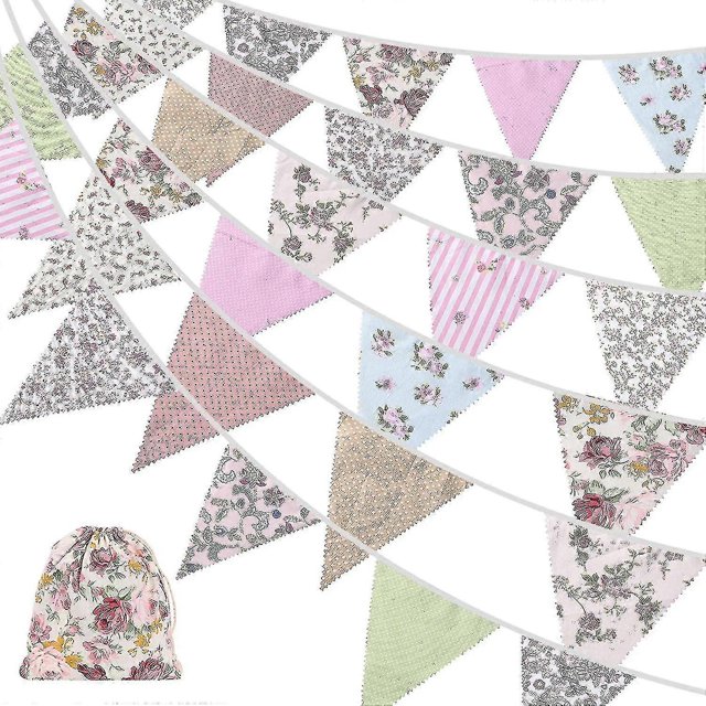 40ft Fabric Bunting, 42pcs Outdoor Bunting Banner,floral Vintage Cotton Triangle Flag For Garden Birthday Party