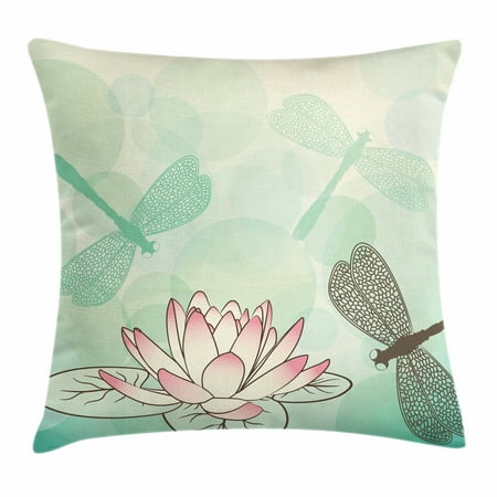 - Lotus Flower Throw Pillow Cushion Cover, Exotic Blossom with Pinkish Petals Water Lily and Dragonflies on Pale Green, Decorative Square Accent Pillow Case, 16 X 16 Inches, Multicolor, by Ambesonne