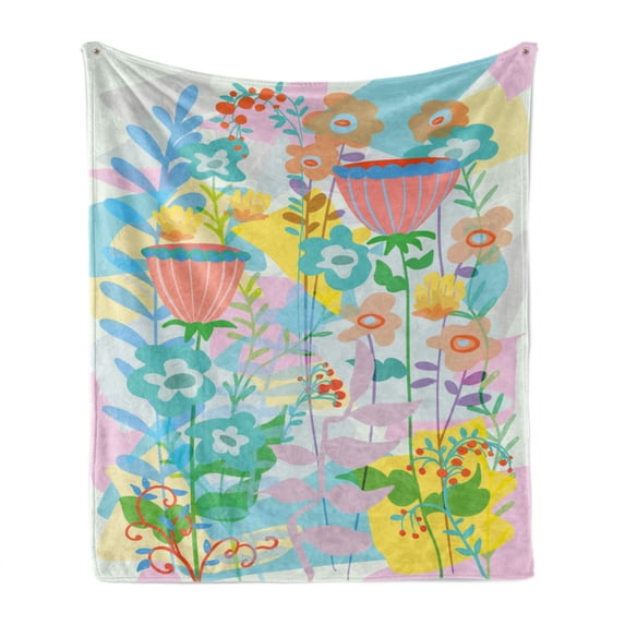 Floral Soft Flannel Fleece Throw Blanket, Pattern of Garden Bouquet of Fantasy and Retro Flowers Budding Botanical Artwork, Cozy Plush for Indoor and Outdoor Use, 70" x 90", Multicolor, by Ambesonne