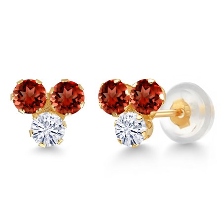 Gem Stone King 14K Yellow Gold Red Garnet and White Moissanite Three Stone Stud Earrings for Women (0.80 Cttw, Gemstone January Birthstone, Round 3MM)