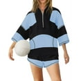 thumbnail image 2 of Women Striped Workout Set Two Piece Outfit Tracksuit Oversized Lounge Set Top and Shorts Sets with Pockets Black & Blue XXL, 2 of 7