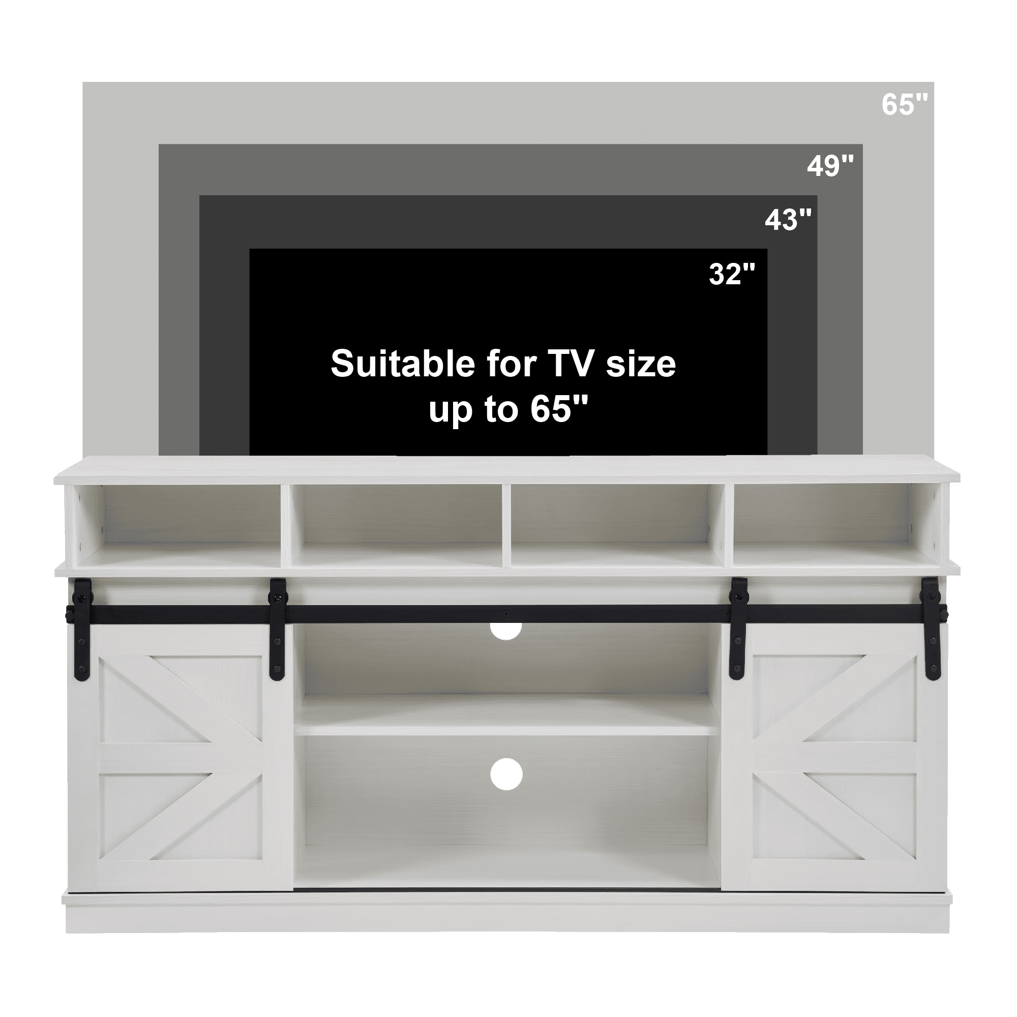 MAYEERTY Modern TV Stand with Sliding Barn Door, Farmhouse Wood Storage Cabinet with Adjustable Shelves for TVs Up to 65", White