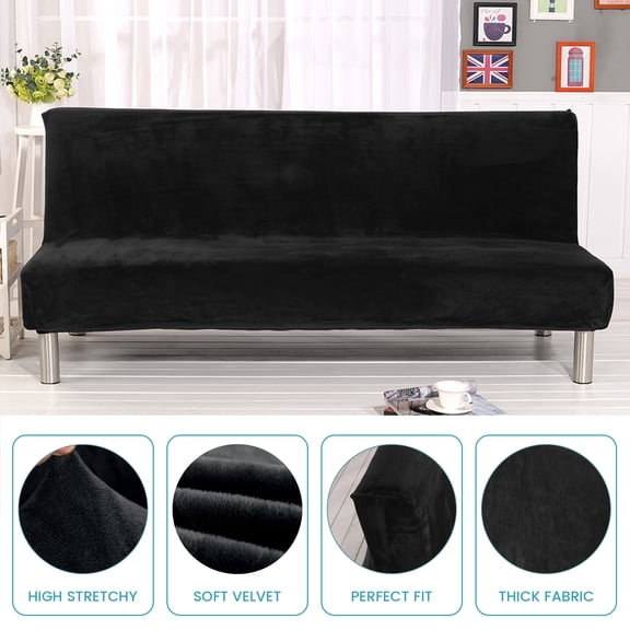 SHANNA Velvet Futon Cover Stretch Armless Sofa Bed Slipcover Full Size Couch Cover Thick Velvet Fabric Sofa Shield Futon Cover ( Black )