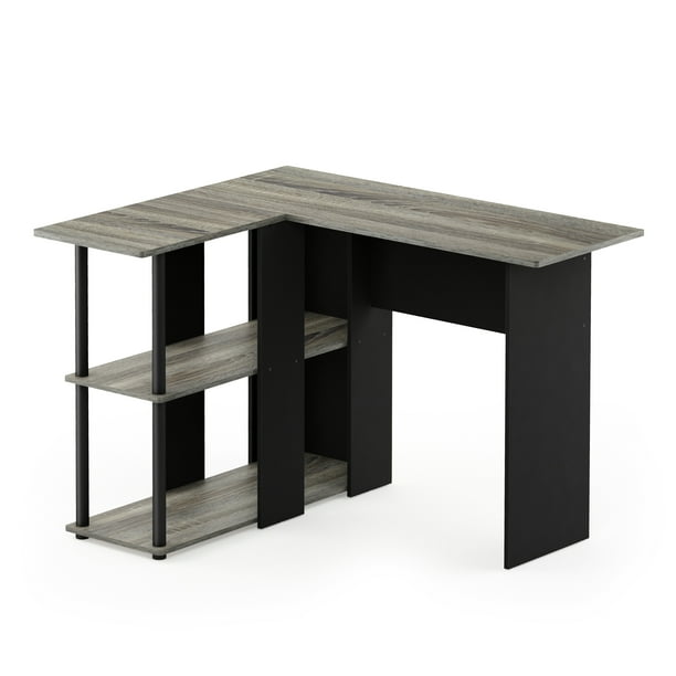 Furinno Abbott LShape Desk with Bookshelf, French Oak Grey/Black
