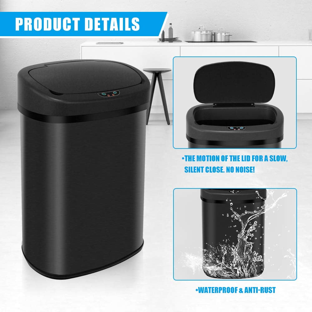 Dkelincs 13 Gallon Touch-Free Automatic Trash Can Stainless Steel Kitchen Garbage Can Waste Bin with Lid, Black