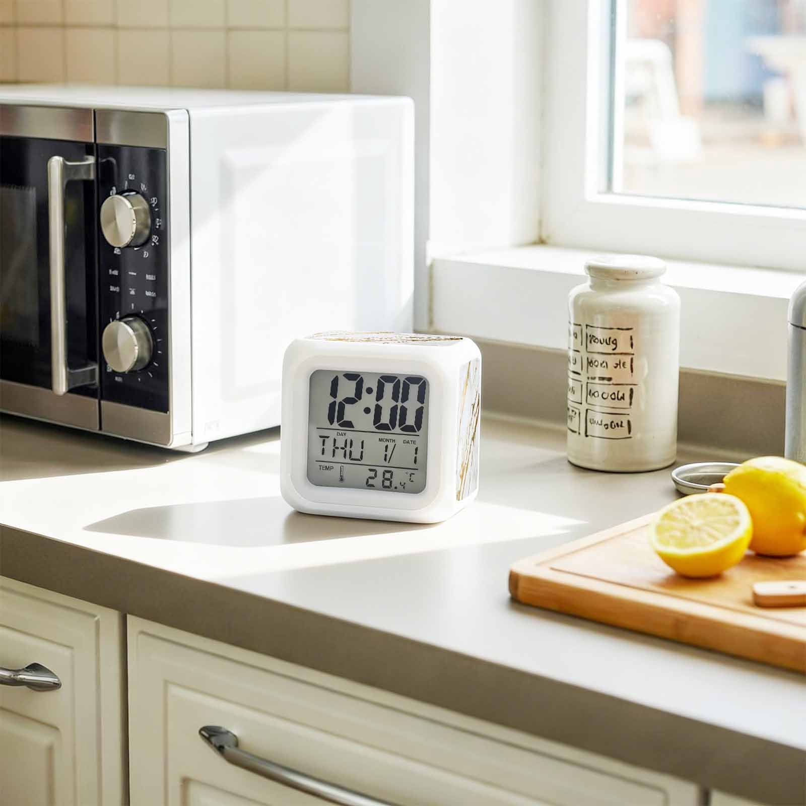 White Gold Modern Digital Alarm Clock for Bedrooms, Smart LED Alarm Clock with 7 Color Changing Night Light, Abstract Vintage Marble Geometric Silent Wake Up Clocks for Sleep Study Cooking 3.2"x3.2"