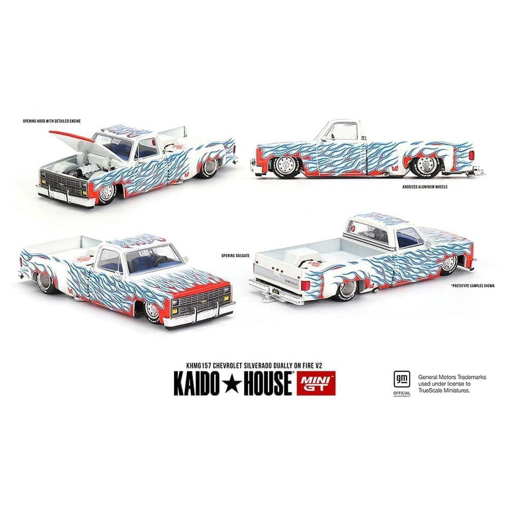 Chevrolet Silverado Dually Pickup Truck "On Fire V2" White Met w/Blue Flames and Blue Interior 1/64 Diecast Model Car by Mini GT