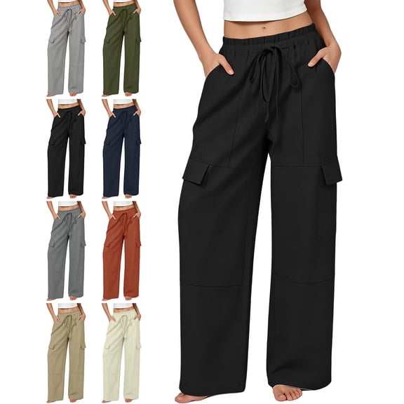 Womens Pants with Pockets 100% Cotton Loose Drawstring Work Wide Leg Cargo Pants
