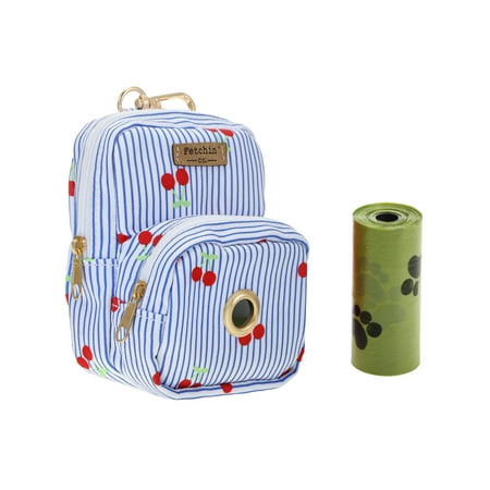 Cherry Pin Stripe Blue Mini Backpack Dog Waste Bag Treat Holder and Plastic Bags Roll by Fetchin  Co