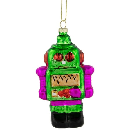 5" Green and Purple Robot Glass Christmas Ornament
