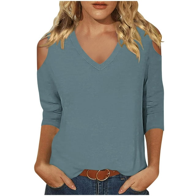 Timegard Tops for Women 3/4 Sleeve Cold Shoulder V Neck Solid Color Tee Fall Casual Loose Comfy Tops