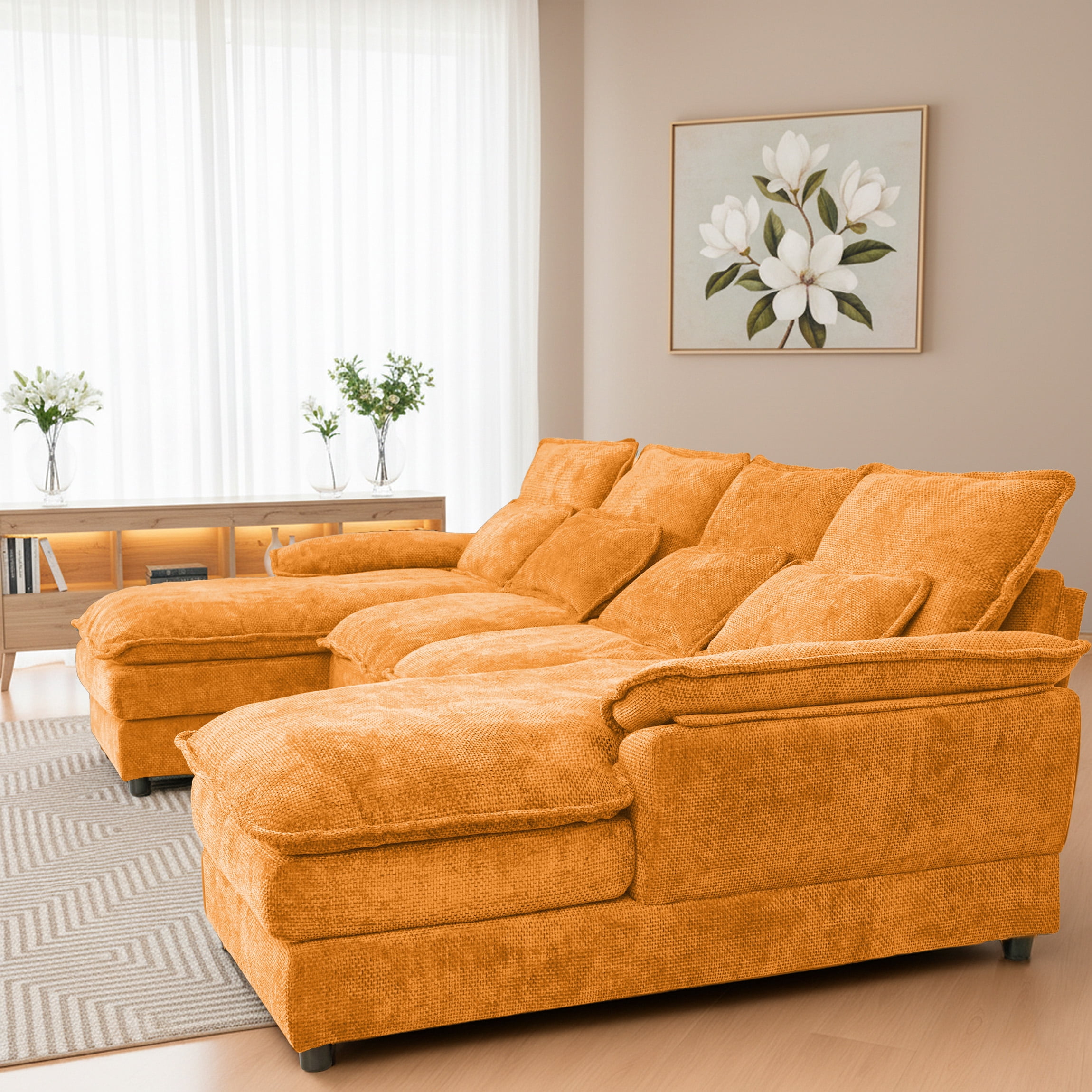 SEENYOO 110.24" U-Shaped Couch, Cloud Modular Sectional Sofa with Chenille Fabric, 4-Seat Comfy Couch for Living Room,Orange